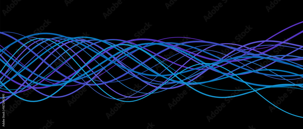 Poster dynamic vector tech background with intertwined blue and purple lines on black.