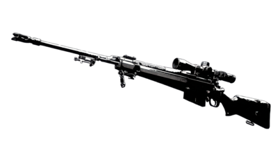 A black and white image of a rifle