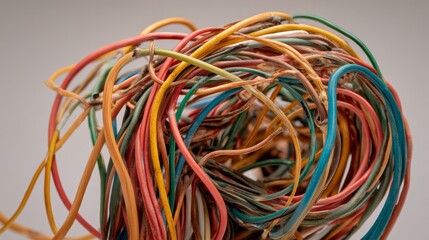 A tangled, chaotic knot of old, colorful electrical cables and wires against a clean, neutral background.