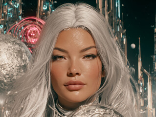 A stunning ethereal mermaid princess sits gracefully in shimmering twilight waters, her long flowing hair glowing with magical elegance.