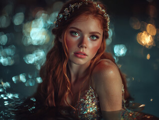 A stunning ethereal mermaid princess sits gracefully in shimmering twilight waters, her long flowing hair glowing with magical elegance.