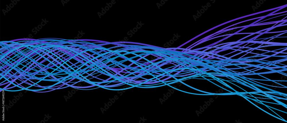 Poster mesmerizing abstract vector tech waves with purple and blue lines on black background.
