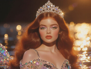 A stunning ethereal mermaid princess sits gracefully in shimmering twilight waters, her long flowing hair glowing with magical elegance.