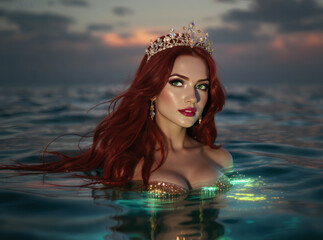 A stunning ethereal mermaid princess sits gracefully in shimmering twilight waters, her long flowing hair glowing with magical elegance.