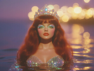 A stunning ethereal mermaid princess sits gracefully in shimmering twilight waters, her long flowing hair glowing with magical elegance.