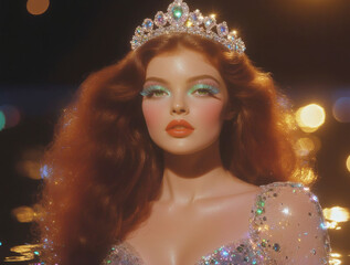 A stunning ethereal mermaid princess sits gracefully in shimmering twilight waters, her long flowing hair glowing with magical elegance.