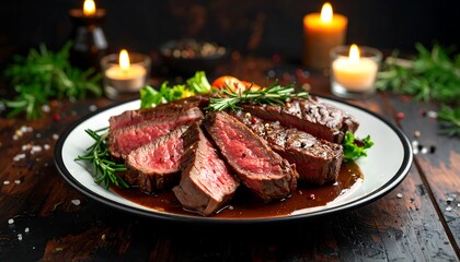 Delicious medium rare steak with rosemary and gravy on a rustic table setting