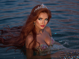 A stunning ethereal mermaid princess sits gracefully in shimmering twilight waters, her long flowing hair glowing with magical elegance.