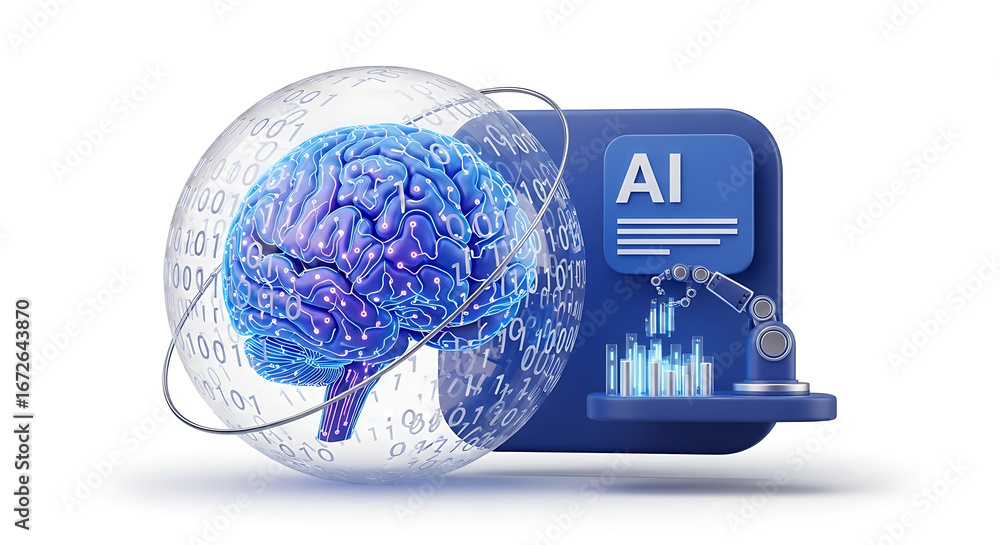 Poster artificial intelligence concept with brain inside sphere and robot arm on blue background design