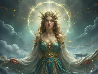 An ultra-realistic fantasy portrait of a beautiful woman depicted as a radiant goddess, blending divine elegance with ethereal charm.