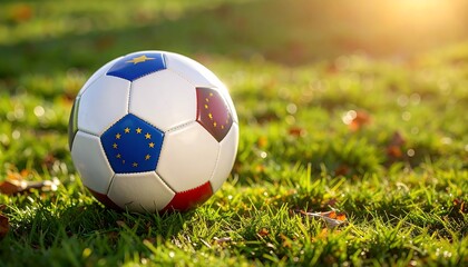Fototapeta premium Soccer ball on green grass field at sunset with warm light.