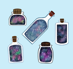 Halloween Galaxy Potion Bottle. Celestial Star in Bottle, Magic and Fantasy Illustration
