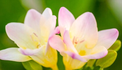 Fototapeta premium Two delicate, pastel-hued freesias bloom in close-up, showcasing soft pink and creamy yellow petals against a blurred green backdrop.