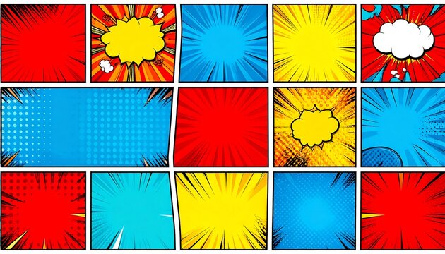Dynamic comic book strip background with vibrant colors and halftone effect