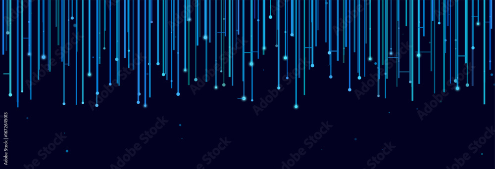 Poster abstract digital vector tech background with blue vertical lines and dots on dark theme.