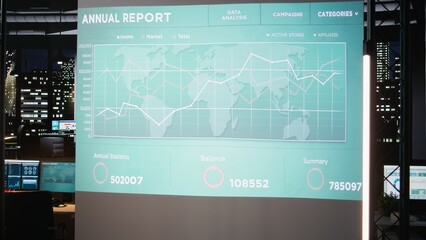 Modern corporate space sits empty after hours with forecasting charts and business analytics displayed across the wall. Capturing the late night management and planning event. Project insight.