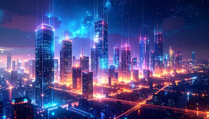 Fototapeta premium A vibrant futuristic cityscape, illuminated by glowing neon lights and digital lines, showcasing a high-tech urban landscape at night.