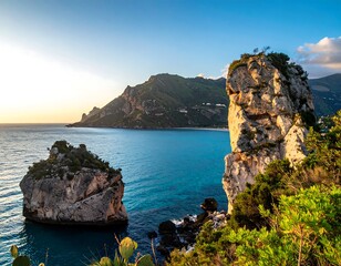 Naklejka premium A breathtaking coastal vista showcasing dramatic rock formations rising majestically from a serene turquoise sea, bathed in the warm glow of a vibrant sunset.