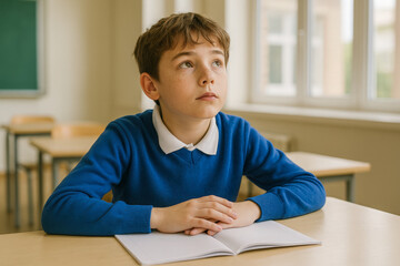 Schoolboy in blue sweater sitting at desk with open notebook, staring upward in thought while daydreaming during class. Represents distraction, imagination, reflection, or lack of focus in a school
