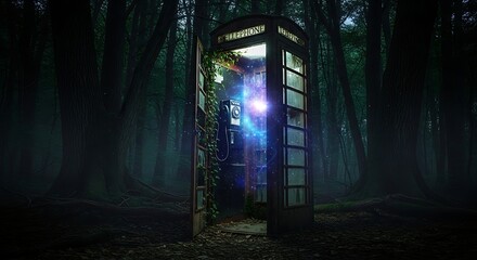 Mysterious Glowing Phone Booth in Dark Forest, Surreal Fantasy Scene, Atmospheric Lighting.