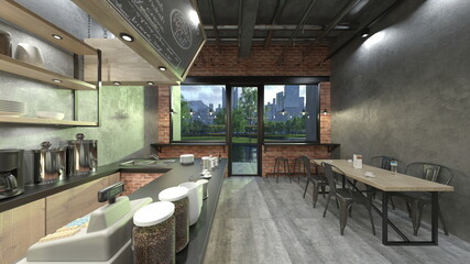 Fototapeta premium 大きな窓があるカフェ 3DCGレンダリング