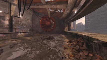 廃墟の荒れた室内　3DCGレンダリング