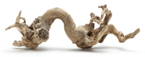 Fototapeta premium Intricate, curved driftwood piece displays natural, organic beauty against a plain white background.