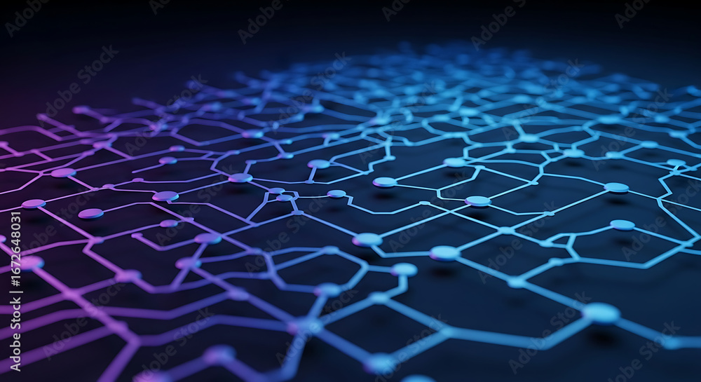 Poster abstract network with blue and purple gradient lines connecting nodes on a dark surface background
