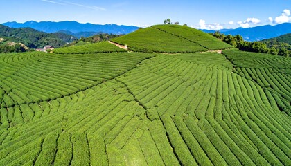 Lush green tea plantations terraced across rolling hills under a clear blue sky.