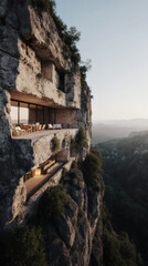 An ultra-luxury residence deeply carved into the landscape, partially surrounded by blue tones and shimmering water views.