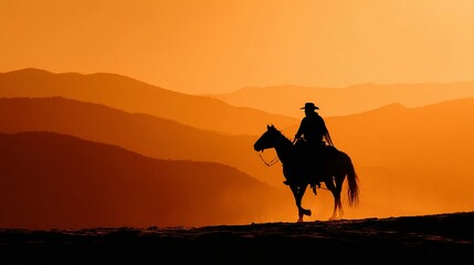 Silhouette of horseback rider against vibrant sunset in mountainous landscape, showcasing serene beauty and outdoor adventure in nature