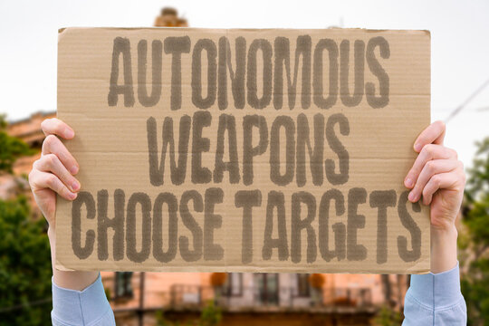 "Autonomous weapons choose targets". AI warfare, ethics, killer robots on a protest banner.
FUTURE. TECHNOLOGY. MILITARY. DANGER. CONTROL. MORALITY. RESISTANCE.