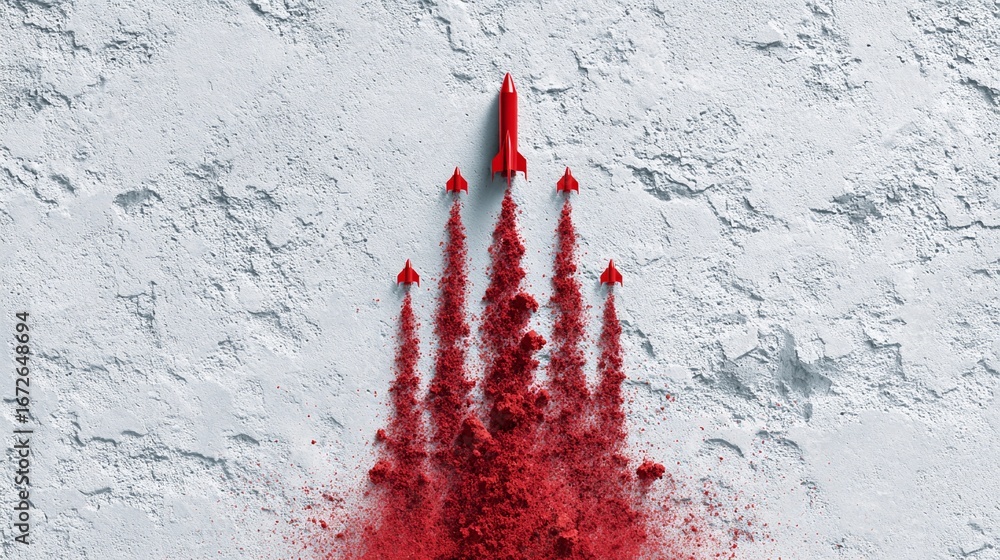 Poster red rocket launch with smaller rockets taking off against a textured white background during a creat
