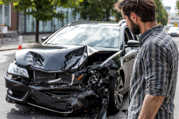 A man looks with anguish at his wrecked car after a collision, the front severely damaged.