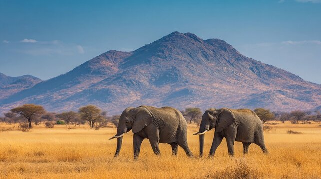 Elephants roam through golden grasslands near mountains during a clear day in a vibrant wildlife landscape