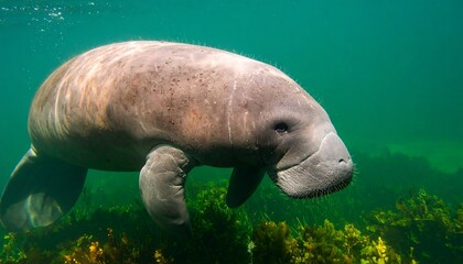 A serene manatee glides gracefully beneath the surface of crystal-clear, vibrant green water, surrounded by lush aquatic vegetation.