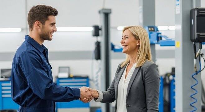 Caucasian adult male mechanic shaking hands with caucasian adult female businesswoman in auto repair shop