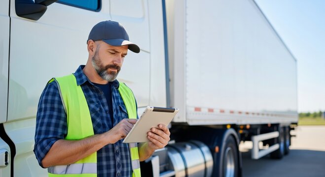 Caucasian male truck driver with tablet in high-visibility vest near truck in daylight - Powered by Adobe