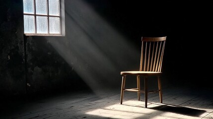Light rays stream through a window illuminating a solitary wooden chair in a dimly lit room