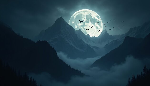 Luna llena sobre montañas de terror con murciélagos y siluetas de bosque