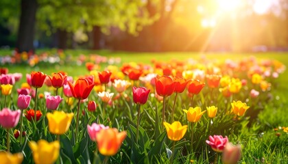 Fototapeta premium Colorful tulip garden bathed in sunlight