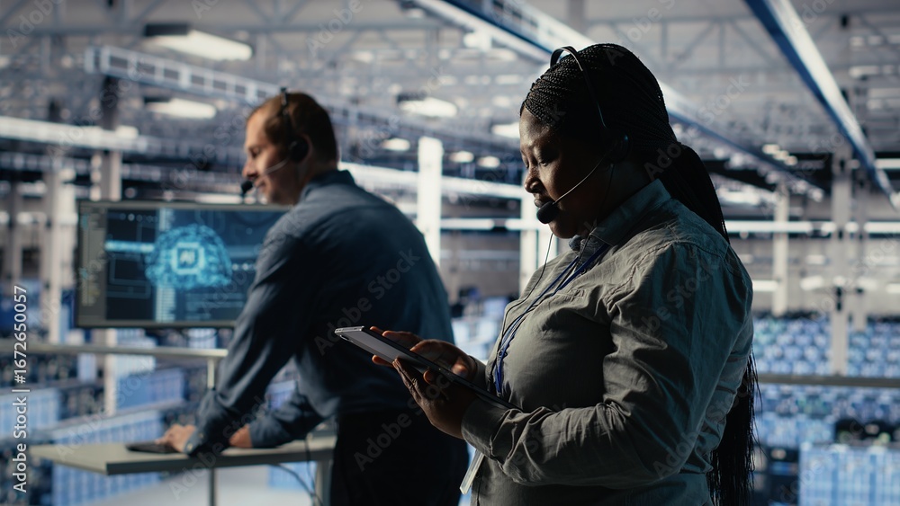 Poster data center system administrator uses ai on tablet to help customers resolve website hosting problem