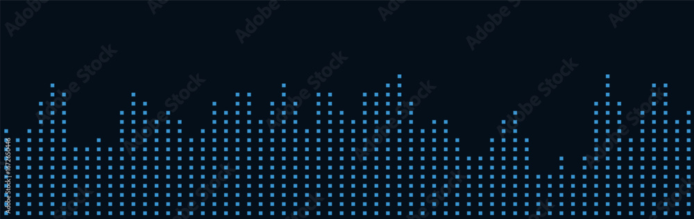 Poster dynamic vector tech background with blue dotted skyline on black.