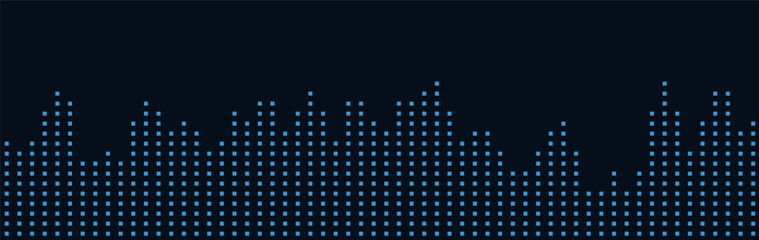 Dynamic vector tech background with blue dotted skyline on black.
