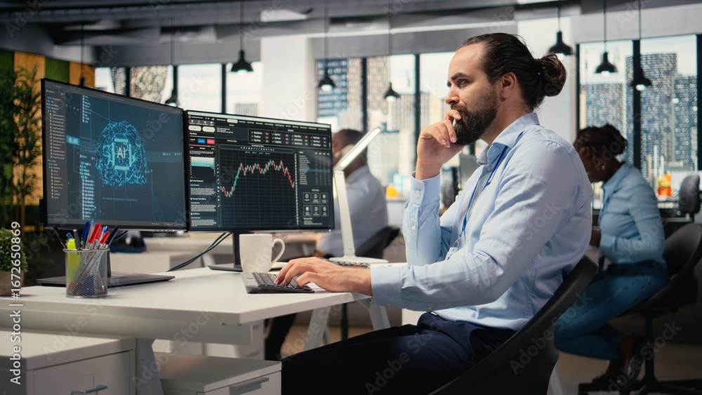 Poster day trader in office leverages ai analytics to interpret candlestick charts, optimizing buy and sell