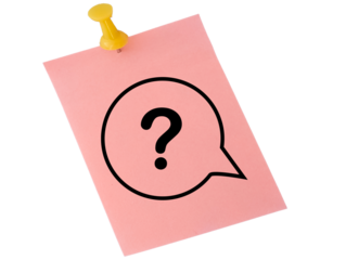 Black question mark on sticky note paper on transparent background