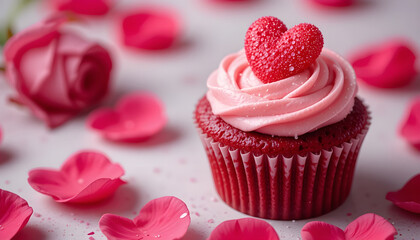 Delicious Valentine's Day cupcake with heart-shaped candy topping.A close-up of a red velvet cupcake, beautifully decorated with a swirl of pink frosting and a heart-shaped candy.