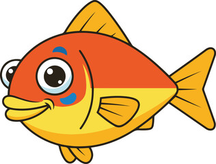 A cheerful cartoon illustration of an orange and yellow fish with large eyes and small fins. The fish has a simple, childlike design