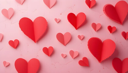 Paper hearts in various sizes create a romantic Valentine's Day design.A flat lay design showcases multiple, intricately folded paper hearts in shades of red and pink against a pastel pink background.