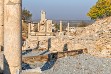 The ancient Roman Library and Mausoleum of Celsus can be seen from the Memmius Monument on the north side of Domitian Square at Ephesus, Turkey.